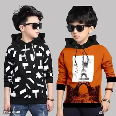 Kids Boys  Girls Hooded Neck Full Sleeves Regular Fitted Pure Cotton Printed T Shirt, Pack of 2-thumb0