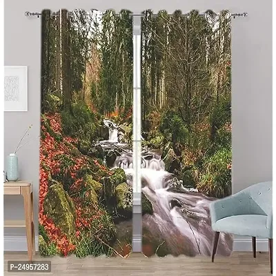 KHUSHI CREATION 3D Forest Waterfall Digital Printed Polyester Fabric Curtains for Bed Room, Kids Room, Color Green Window/Door/Long Door (D.N.721)