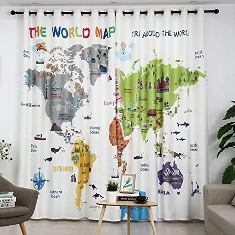 KHUSHI CREATION 3D World Map Digital Printed Polyester Fabric Curtain for Bed Room, Kids Room, Curtain Color White Window/Door/Long Door (D.N.817)