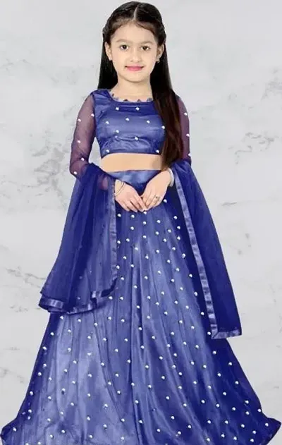 Kids Net Semi Stitched Lehenga Choli Dupatta Set For Girls