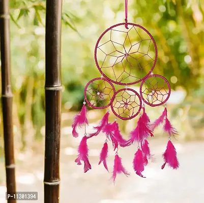 Ryme Handmade Wool Dream Catcher, 4 Rings Dream Catchers for Home and Office Wall Decor (Pink)-thumb0
