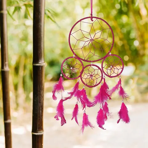 Ryme Handmade Wool Dream Catcher, 4 Rings Dream Catchers for Home and Office Wall Decor (Pink)