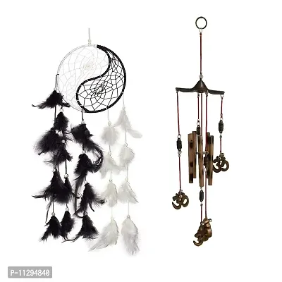 Ryme Combo of Yin Yang Dream Catcher and Yin Yang Silver 5 Pipe Wind Chime (Yin Yang Dream Catcher and Om Windchime)