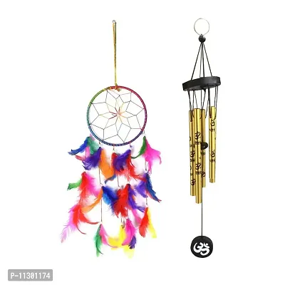 Ryme Combo of 6 Inches Multicolor Dream Catcher and 5 Pipe Golden Om Wind Chime (Multi Dream Catcher and Golden Om)