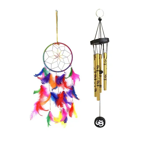Ryme Combo of 6 Inches Multicolor Dream Catcher and 5 Pipe Golden Om Wind Chime