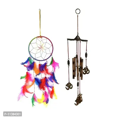 Ryme Combo of 6 Inches Multicolor Dream Catcher and 5 Pipe Golden Om Wind Chime (Dream Catcher and 5 Pipe Om Wind Chime)-thumb0