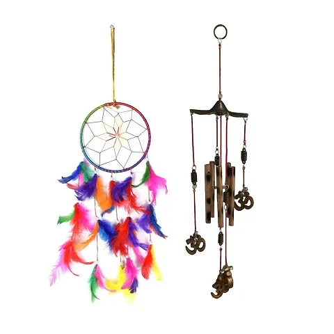 Ryme Combo of 6 Inches Multicolor Dream Catcher and 5 Pipe Golden Om Wind Chime