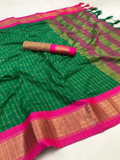 Cotton Silk Checked Woven Border Sarees with Blouse piece