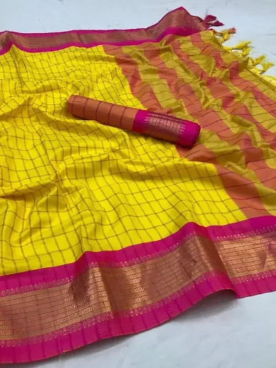 Cotton Silk Checked Woven Border Sarees with Blouse piece