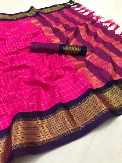 Cotton Silk Checked Woven Border Sarees with Blouse piece