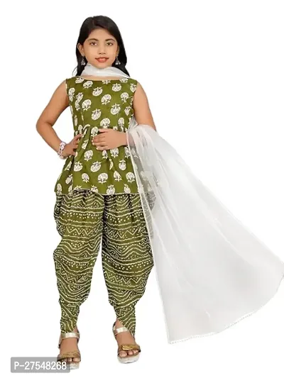 Stylish Printed Cotton Top And Sharara With Dupatta Set For Kids Girls-thumb0