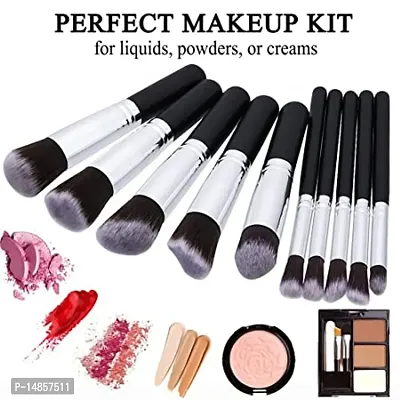 Foundation Face Powder Blush Eyeshadow Brush Makeup Brush Kit with Blender Sponge and Brush Cleaner - Makeup Brushes Set (10pcs, Black/Silver)-thumb0