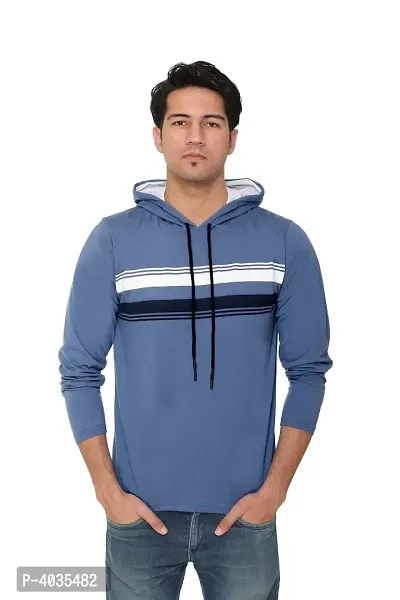 Blue Cotton Blend Striped Hooded T-Shirt-thumb0