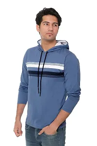 Blue Cotton Blend Striped Hooded T-Shirt-thumb2