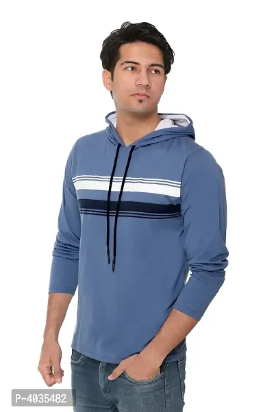 Blue Cotton Blend Striped Hooded T-Shirt-thumb3