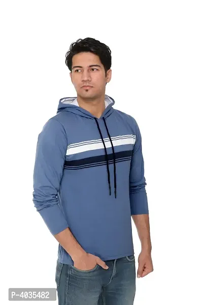 Blue Cotton Blend Striped Hooded T-Shirt-thumb4