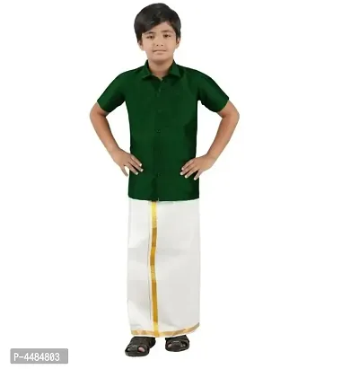 Stylish Green Silk Self Pattern Shirt Dhoti Set For Boys