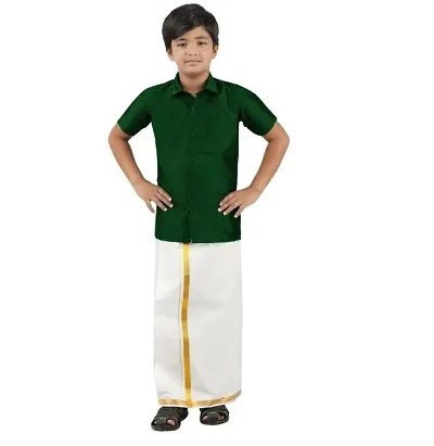 Stylish Silk Self Pattern Shirt Dhoti Set For Boys