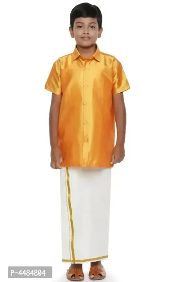 Stylish Golden Silk Self Pattern Shirt Dhoti Set For Boys