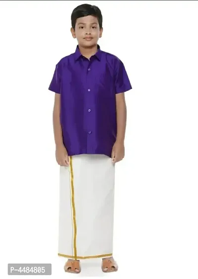 Stylish Navy Blue Silk Self Pattern Shirt Dhoti Set For Boys-thumb0