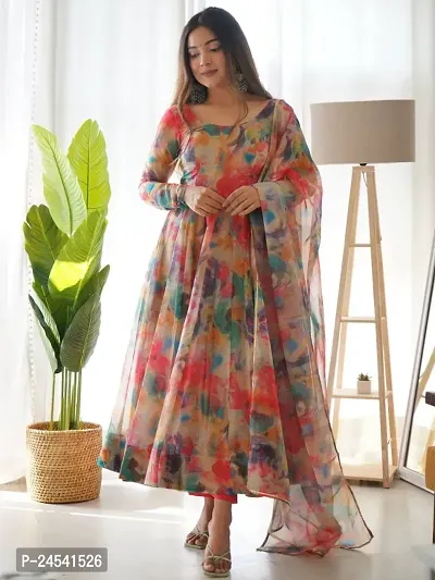 Contemporary Printed Georgette Stitched Gown with Dupatta For Women