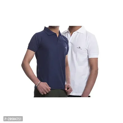 VIE ELEGANTO Cotton Polo T-Shirts Combo Pack of 2, (Navy Blue White)