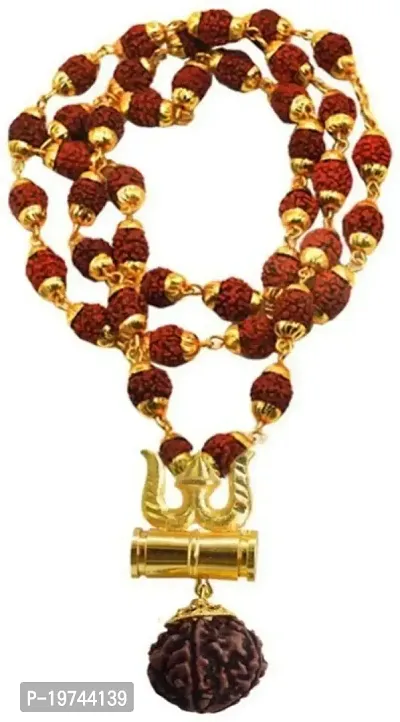 Trishul Damru 5 Mukhi Rudraksha Gold Plated Chain-thumb0