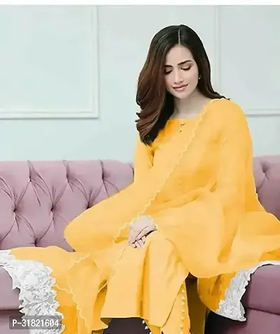 Stylish Yellow Cotton Solid Kurta Bottom and Dupatta Set For Women-thumb0