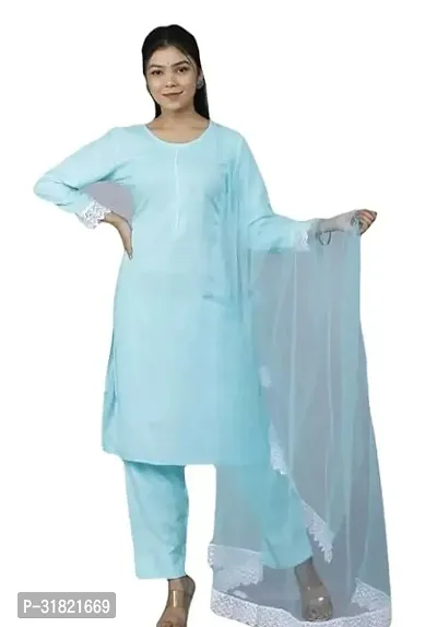 Stylish Blue Cotton Solid Kurta Bottom and Dupatta Set For Women-thumb0