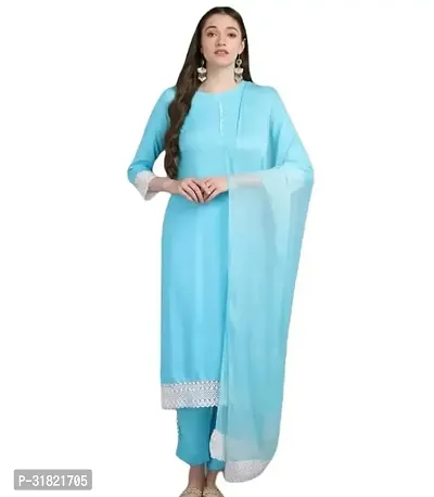 Stylish Blue Cotton Solid Kurta Bottom and Dupatta Set For Women