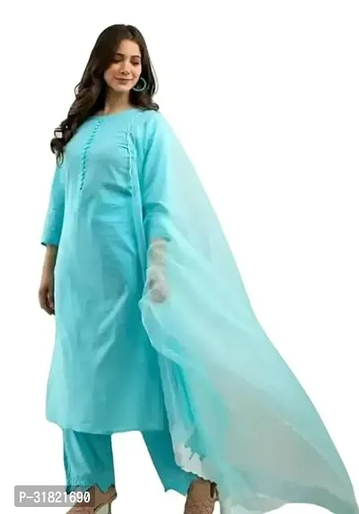 Stylish Blue Cotton Solid Kurta Bottom and Dupatta Set For Women-thumb0