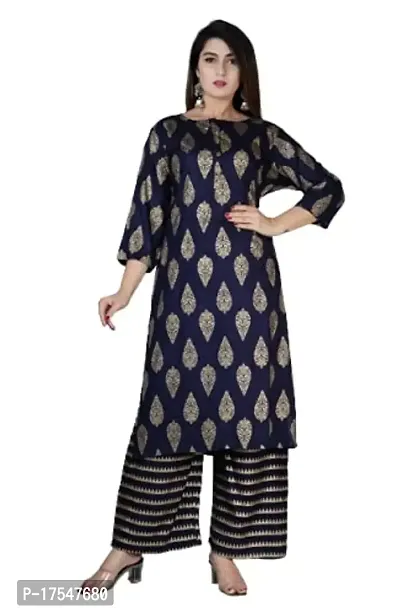 PVC RAIMENTS Women's Black Gold Printed Rayon Kurta Set Navy Blue N708BLU -S-thumb0