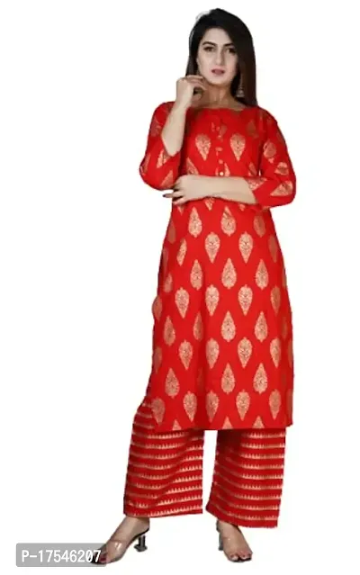 PVC RAIMENTS Women's Gold Printed Rayon Kurta Set Red N708R -PRNT