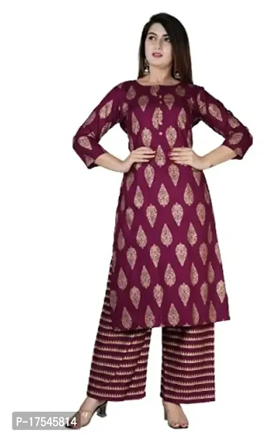 PVC RAIMENTS Women's Gold Printed Rayon Kurta Set Wine N708W -M-thumb0