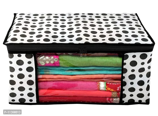 KRIVAZ Non Woven Fabric Saree Cover/Clothes Organizer|Polka Dots Design & Transparent Window|Zipper Closure with Foldable Material Pack of 3 (Multicolour)-thumb0