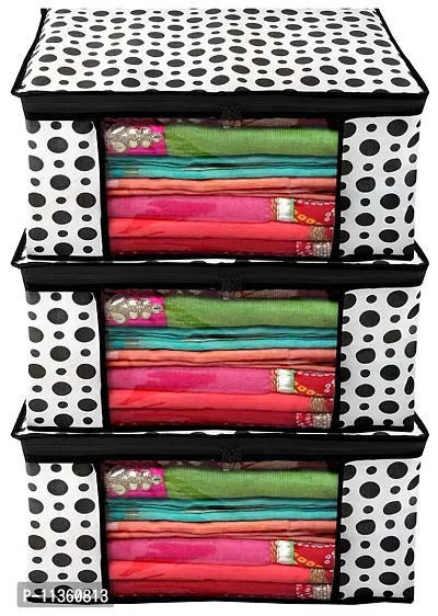 KRIVAZ Non Woven Fabric Saree Cover/Clothes Organizer|Polka Dots Design & Transparent Window|Zipper Closure with Foldable Material Pack of 3 (Multicolour)-thumb2