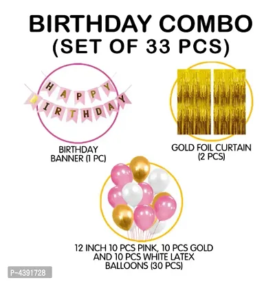 Kids 33 Pcs Super Combo Happy Birthday Banner + Gold Fringe Curtain + Pink,white and gold Metallic Balloons-thumb2