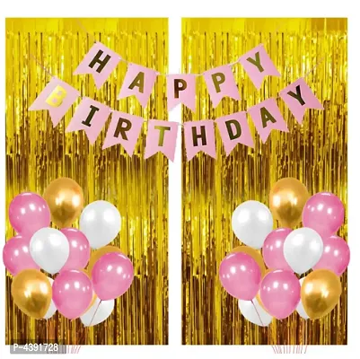 Kids 33 Pcs Super Combo Happy Birthday Banner + Gold Fringe Curtain + Pink,white and gold Metallic Balloons