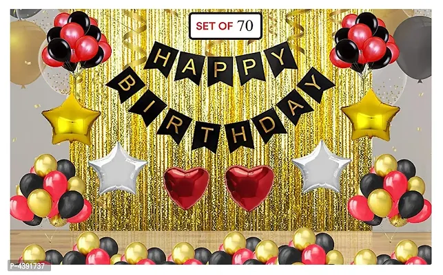 Kids 70pcs  Birthday Celebration Combo  Happy birthday Banner + Multi Metallic Balloons + Theme foil Balloons and Golden Fringe Curtains-thumb0