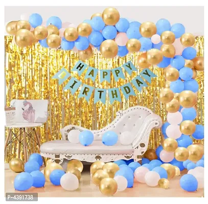Kids Creative 63 Pcs Combo Happy Birthday  Banner  + Golden Fringe Curtain  + Blue,White and Gold Metallic Balloons-thumb0