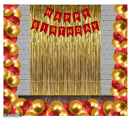 Kids Standard 53 Pcs Combo Happy Birthday  Banner  + Golden Fringe Curtain  + Red and Golden Metallic Balloons-thumb0