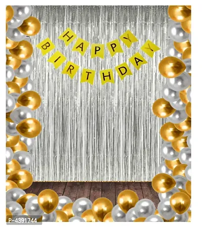 Kids Standard 53 Pcs Combo Happy Birthday  Banner  + Silver Fringe Curtain  + Silver and Golden Metallic Balloons