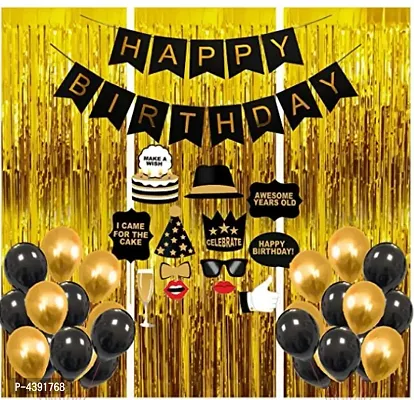 Kids Interesting 65 pcs  Birthday Combo Happy Birthday Banner + Golden Fringe Curtain + Selfie props + Black,gold Metallic Balloon-thumb0