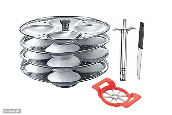 4 Plate Idli Maker Stand (16 Slot), Plastic Apple Cutter with Stainless Steel Gas Lighter and Knife