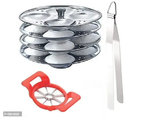 4 Plate Idli Maker Stand, Stainless Steel Cooking Tong(Chimta) with Plastic Apple Cutter-thumb0