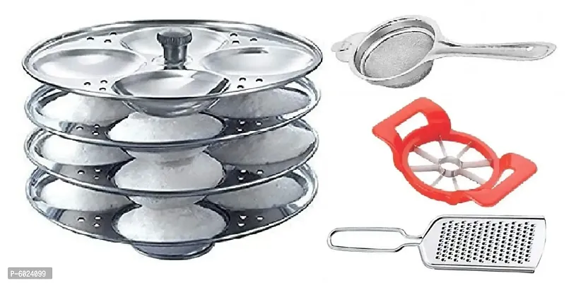 4 Plate Idli Maker Stand ), Steel Cheese Grater, Stainless Steel Tea Strainer with Plastic Apple  cutter