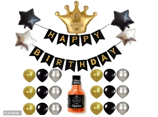 Happy Birthday Banner With Crown Star And Aged To Perfection Foil Balloon And Metallic Balloon Set