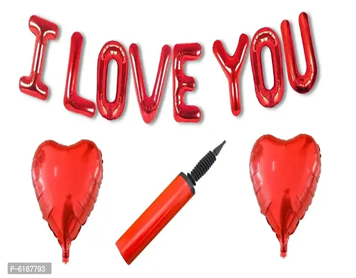 I Love You Foil Balloons With 2 Red Heart Foil Balloons And Air Filling Pump