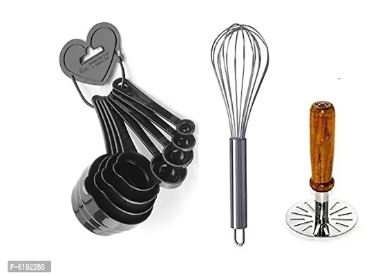 Combo Of Wooden Potato Masher + 8 Cup Black Measuring Spoon+ Steel Whisk