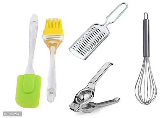 Silicone Spatula and Silicone Oil Brush, Stainless Steel Egg Whisk, Steel Lemon Squeezer And Cheese Grater (5 Pcs)